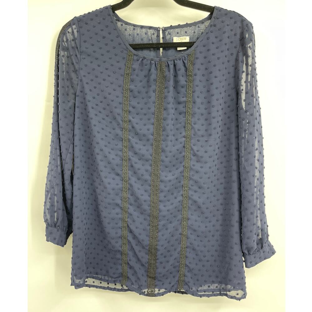J.Crew Womens Blue Swiss Dot Sheer Silk Round Neck Lace Trim Blouse Top Size 4